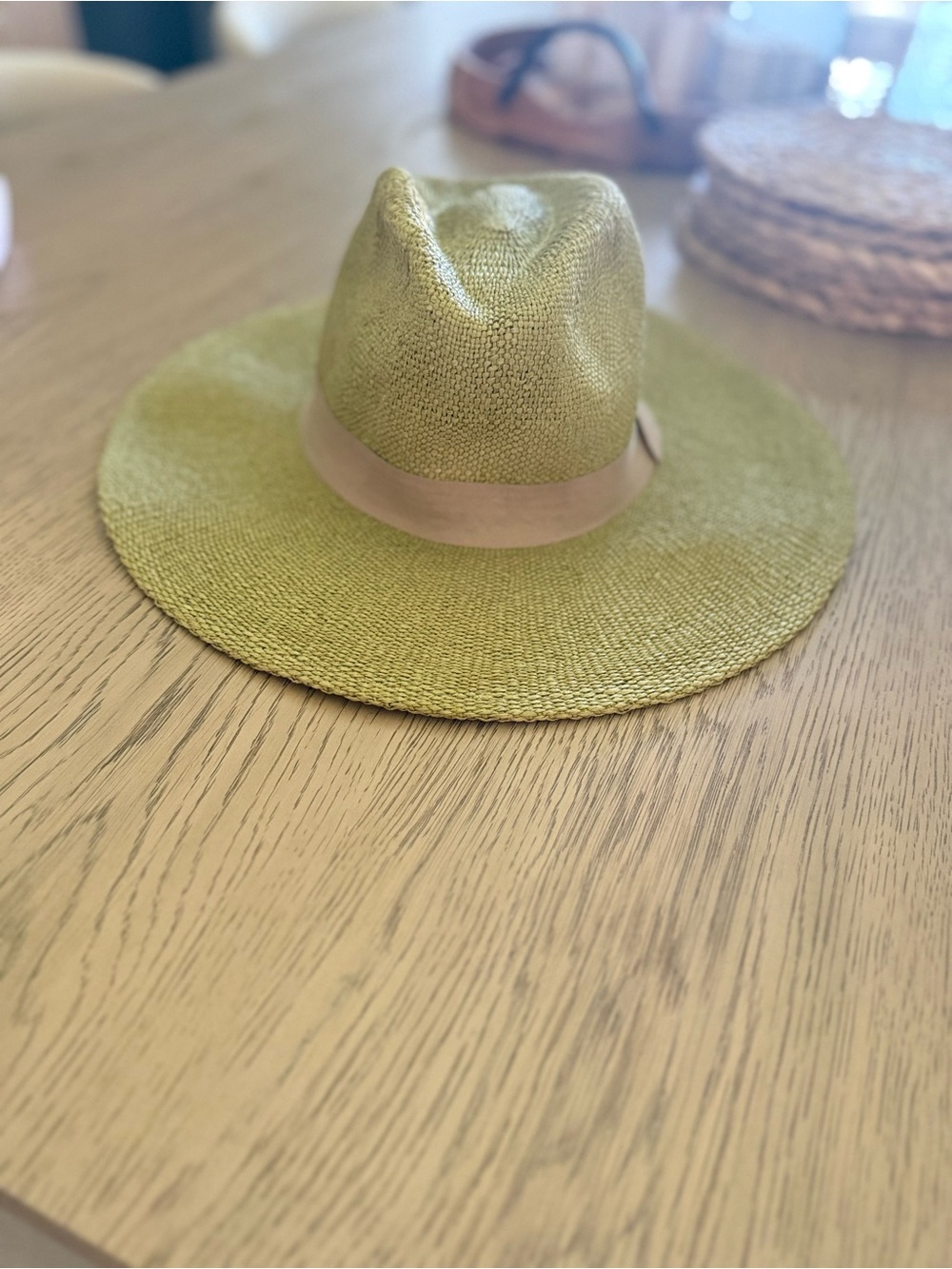 Wide Brim Straw Fedora Hat in Olive with Tan Band